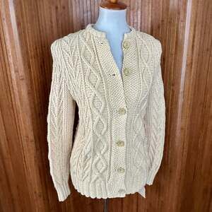 Vintage 1970s Cream Heavy Cable Knit Cotton Cardigan Sweater S M